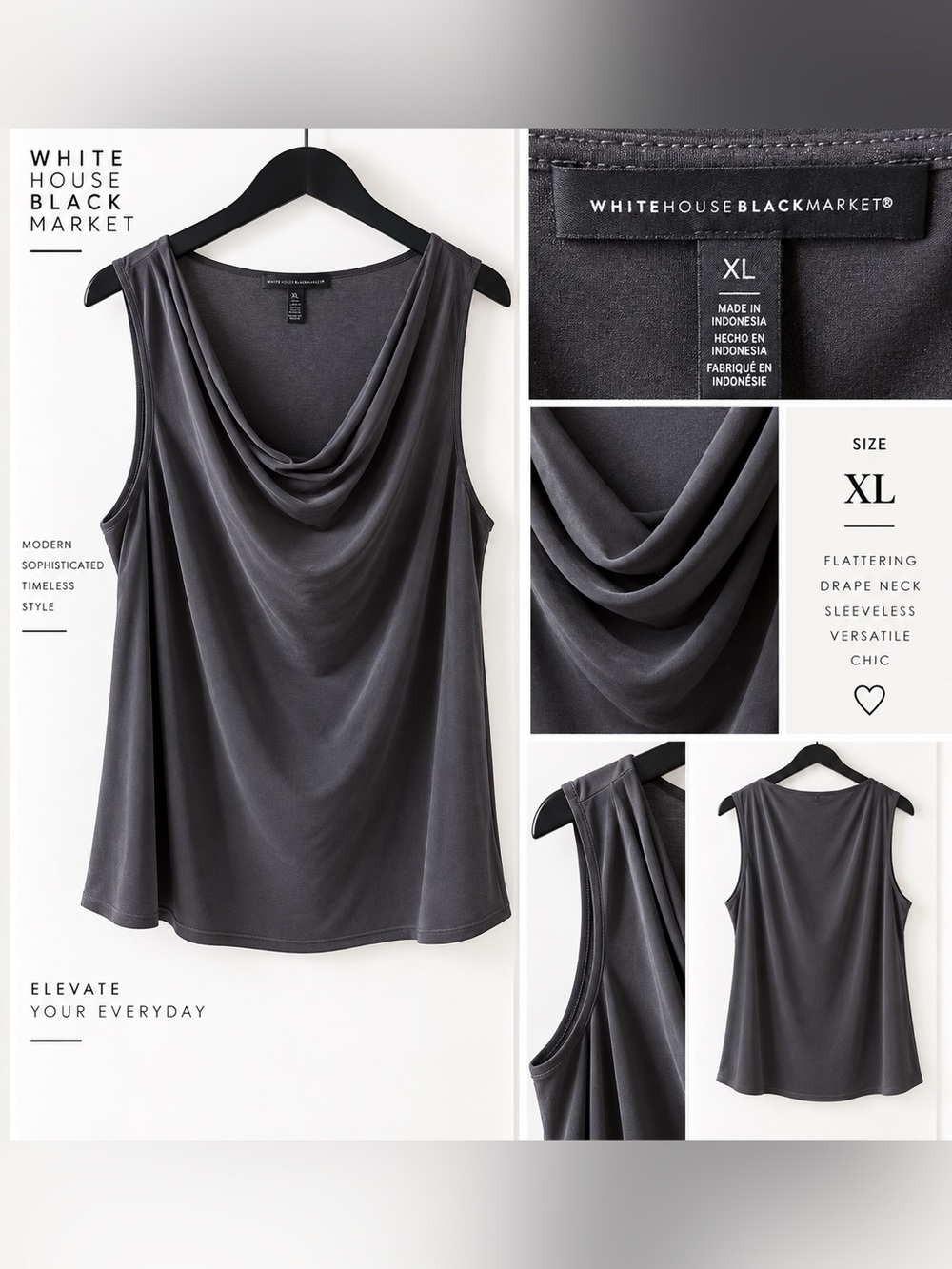 White House Black Market Charcoal Draped Cowl Neck Sleeveless Top